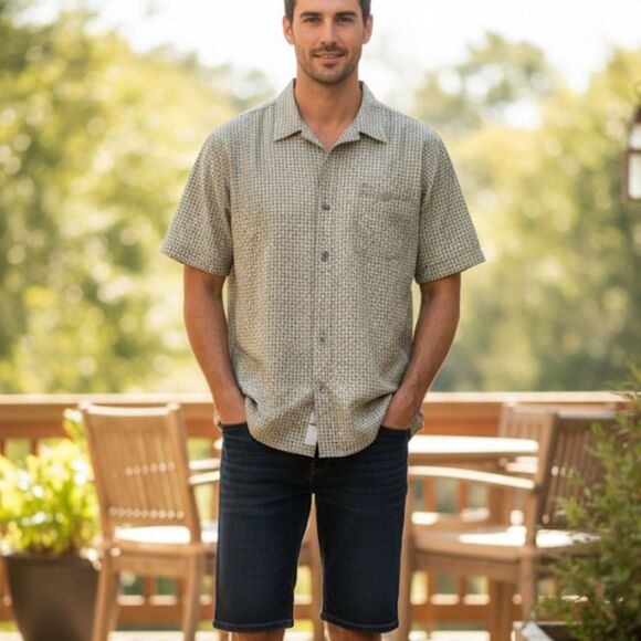 Columbia Shirt Green Tan Geometric Print Button Up Short Sleeve Fishing Mens XL - Picture 1 of 8